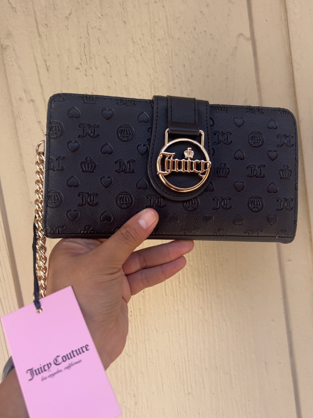 Juicy Couture Black Embossed Logo Wallet with Gold Ring Accent